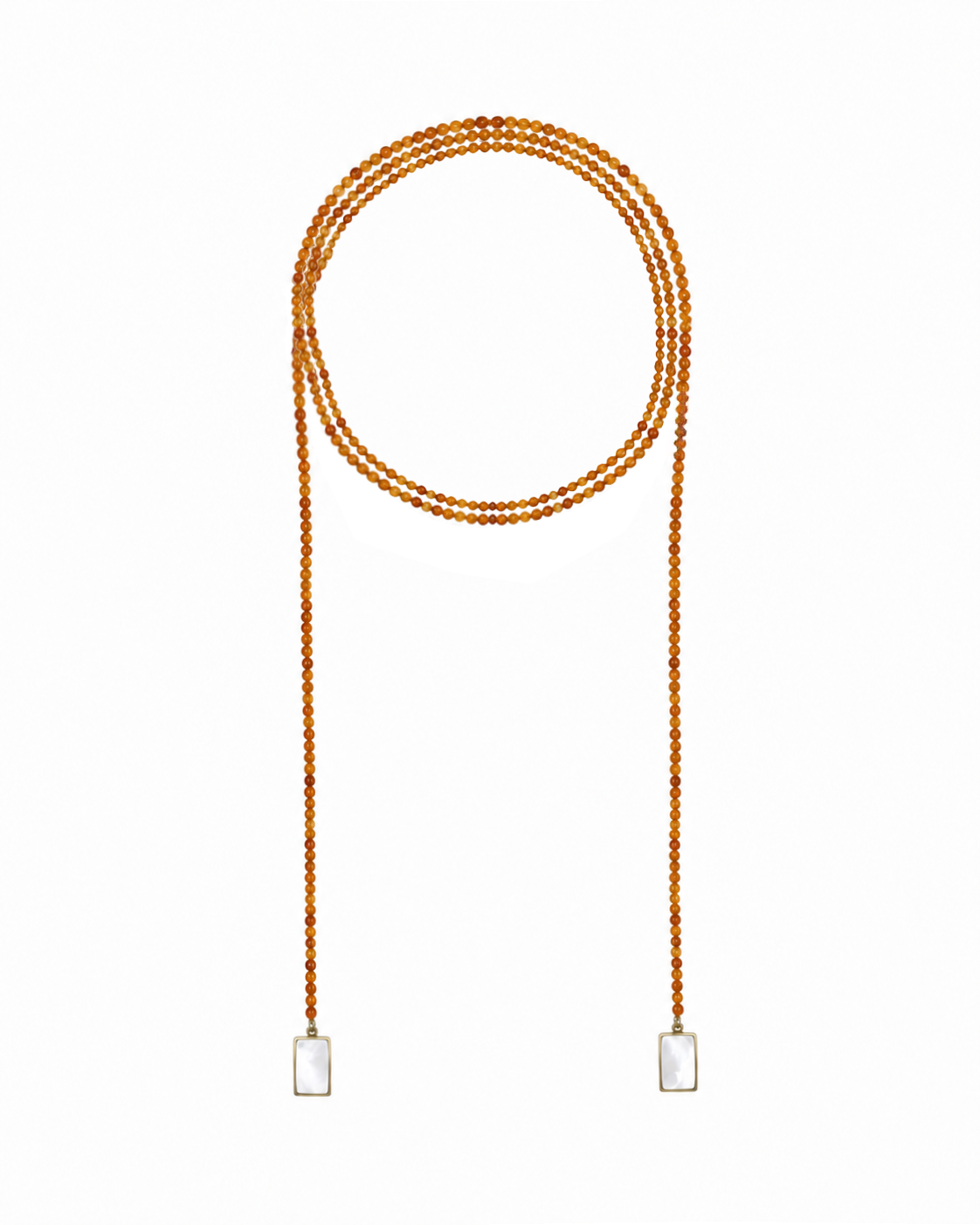 Long carnelian bead wrap necklace with mother of pearl tablet ends