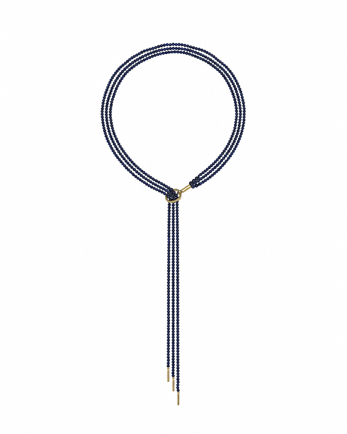Triple strand lapis lariat with gold bar tips