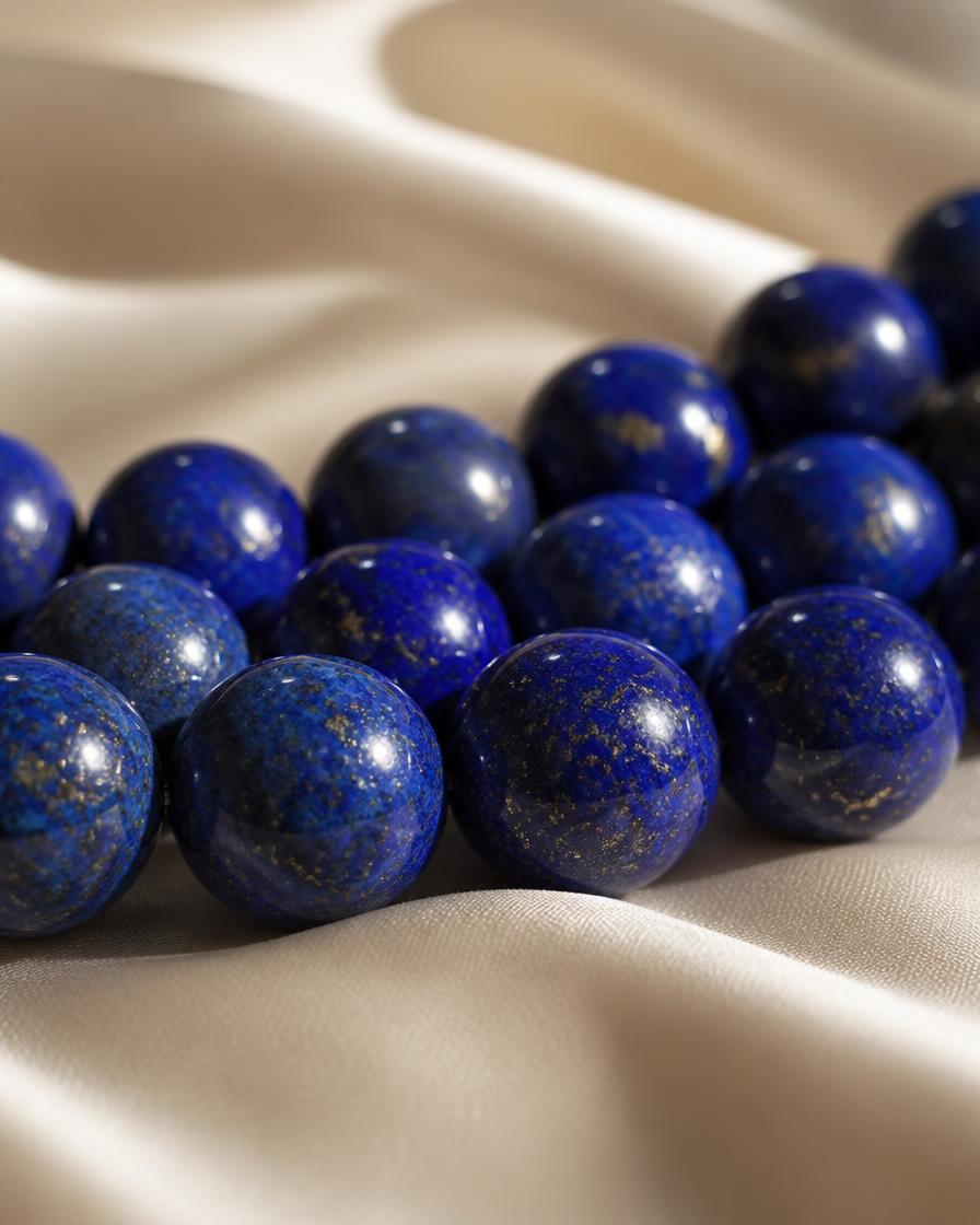 Macro study of polished lapis lazuli beads with gold pyrite flecks on ivory silk