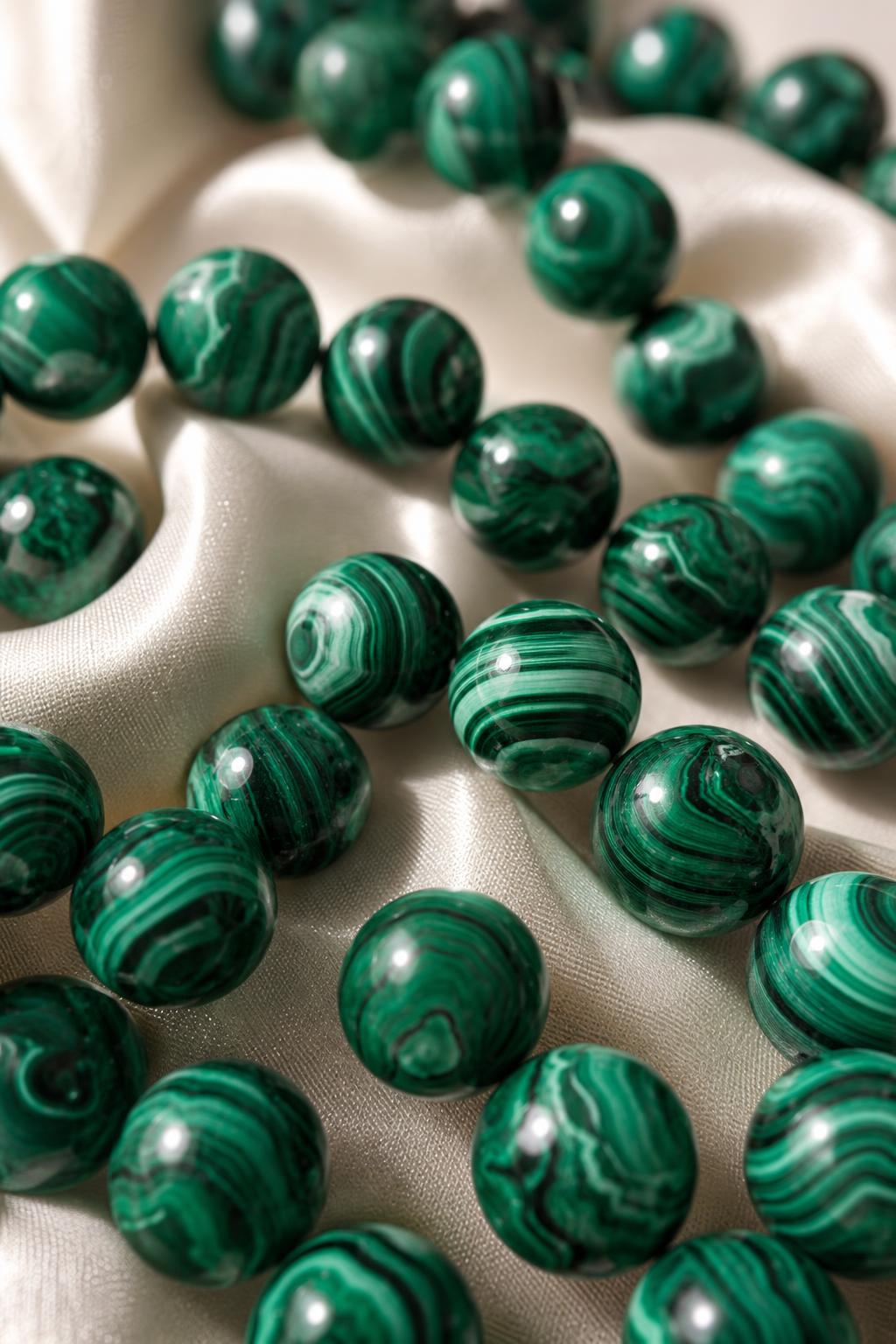 Macro study of real malachite beads with natural green banding on ivory silk