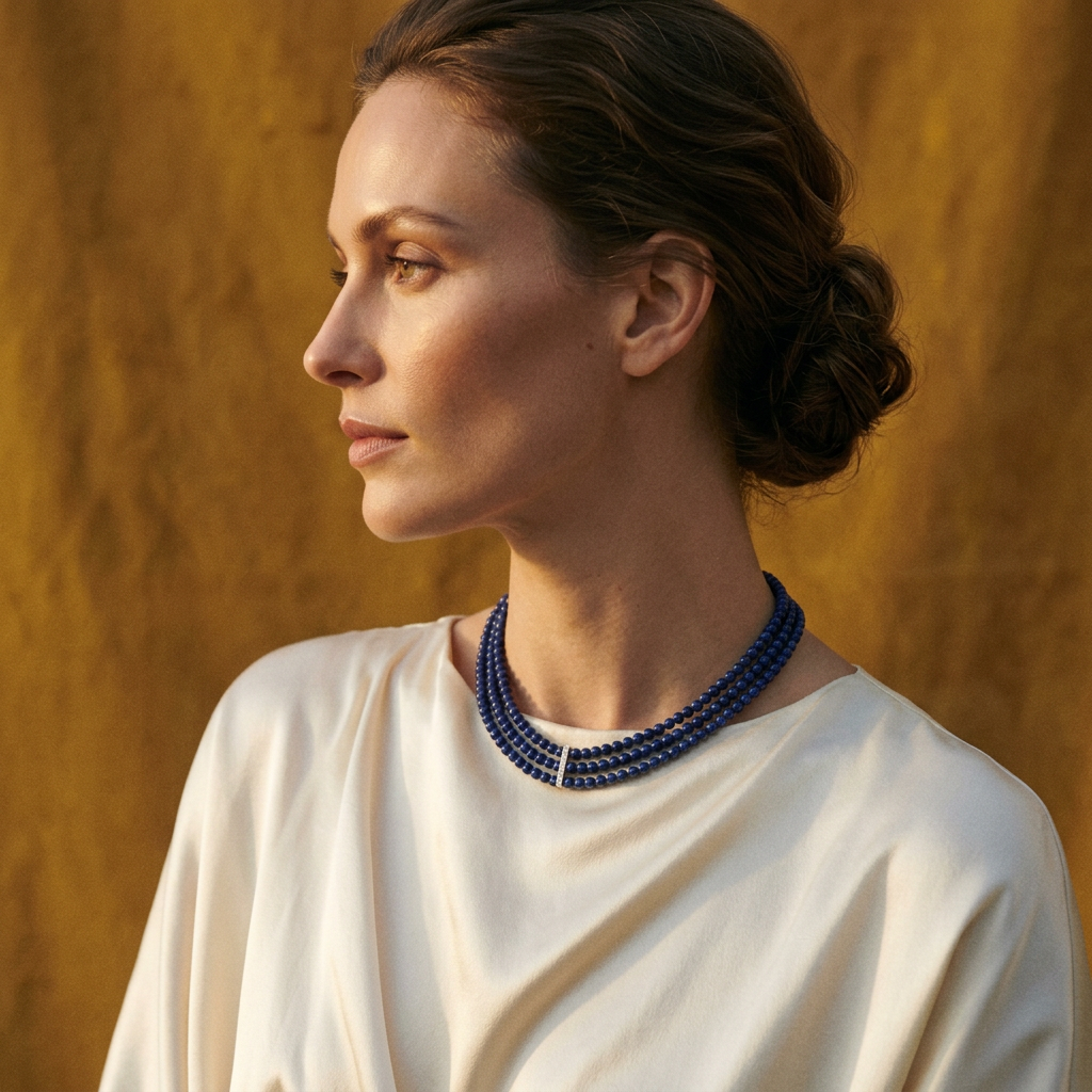 Woman in ivory silk wearing a lapis multi-strand necklace